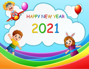 2021 New Year design card with kids on blue background