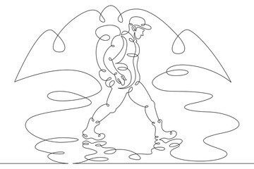 A young male tourist with a backpack ford a stream, a river.Landscape of forest and mountains. One line continuous thick bold single drawn art doodle isolated hand drawn outline logo illustration.