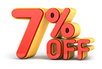 Red and yellow text, 7% off isolated on white background. Off 7 percent. Sales concept. 3d illustration.