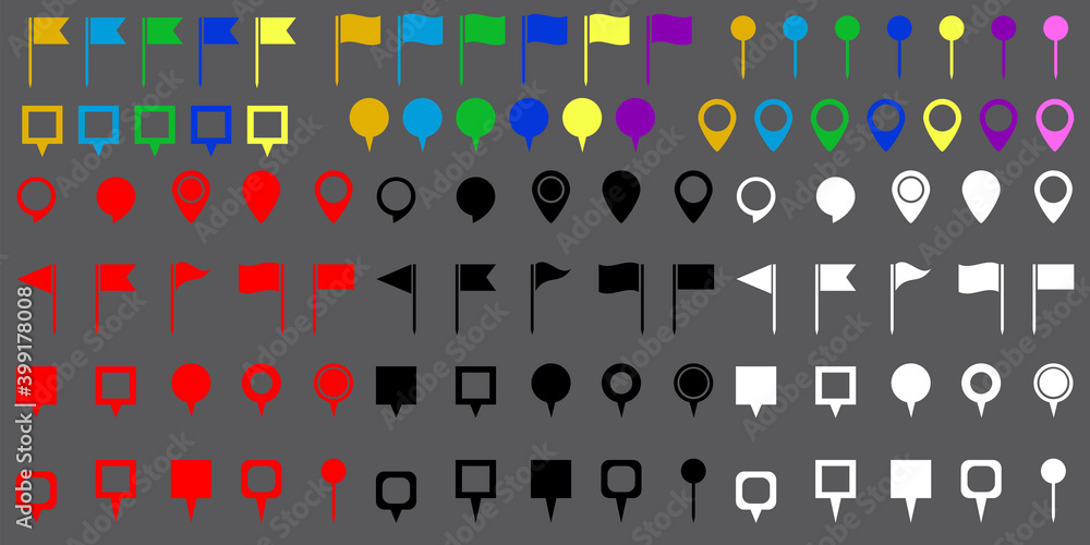 Poster pins map in flat style on dark background. multicolored map symbol vector illustration. location ico