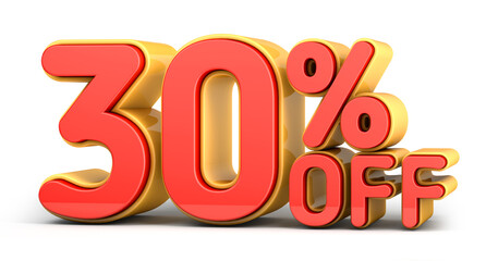 Red and yellow text, 30% off isolated on white background. Off 30 percent. Sales concept. 3d illustration.