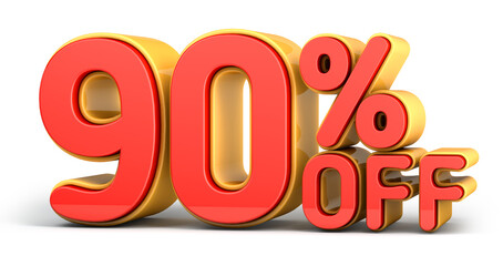 Red and yellow text, 90% off isolated on white background. Off 90 percent. Sales concept. 3d illustration.