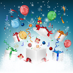 Fototapeta na wymiar Gift box opening for celebrated in New Year party with winter background 