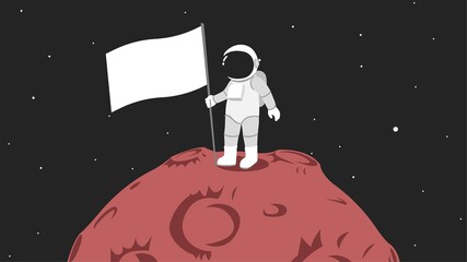 Fototapeta premium Cartoon astronaut with white flag standing on Mars