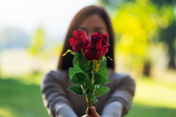 Closeup image of a beautiful asian woman holding and giving red roses flower in the park