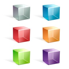 Set of transparent glass cubes of different colors on a white background