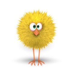 Funny fluffy yellow chicken on a white background