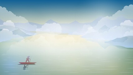 Sea or river with fog and fisherman on boat, asian landscape