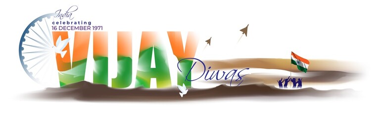 Vector illustration of Vijay Diwas (VICTORY DAY)banner, 16 december 1971, India flag, soldier with rifle and helmet, flying birds, banner template for websites.