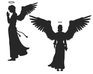 Black silhouettes of angels with large wings on a white background
