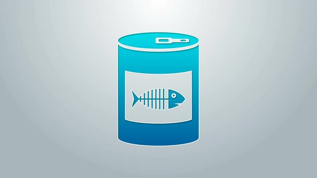 Blue line Canned food for cat icon isolated on grey background. Fish skeleton sign. Food for animals. Pet dog food can. 4K Video motion graphic animation