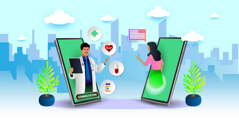 patient consultation to the doctor via smartphone, 	
Online doctor vector illustration concept
