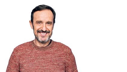 Middle age handsome man wearing casual sweater standing over isolated white background with a happy...