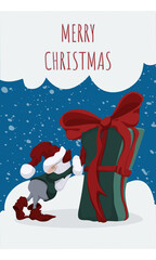 Cute christmas postcard with an old elf pushing a heavy gift box. Vector illustration