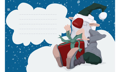 Cute christmas postcard with an old elf with a gift in his hands. Vector illustration