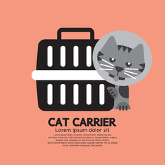 Cat Wearing Cone Collar With Carrier Vector Illustration.