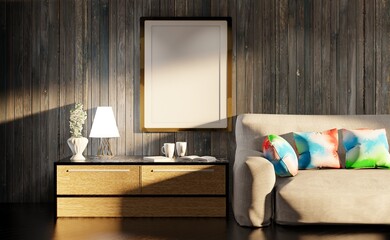 Vertical empty poster for images and lettering. Wooden wall. Country house interior. 3D rendering.