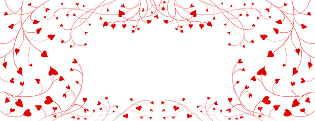 Red heart in cute vine or ivy border pattern in white background in valentines day design, floral decorative love or wedding illustration in romantic symmetrical design element © Arlenta Apostrophe