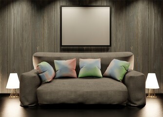 An empty frame on a wooden wall above the sofa. Template poster for images. 3D rendering.
