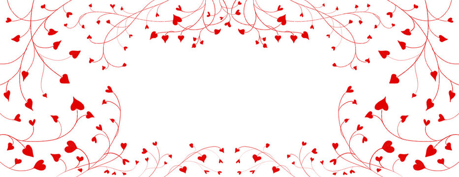 Red heart in cute vine or ivy border pattern in white background in valentines day design, floral decorative love or wedding illustration in romantic symmetrical design element