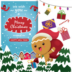 Vintage Christmas poster design with vector gingerbread man, Santa Claus characters.