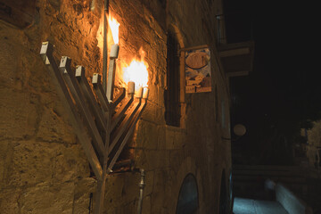 A large Chabad Chassidim menorah is lit in the Jewish Quarter of the Old City of Jerusalem, Israel