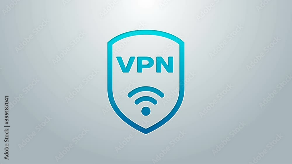 Poster blue line shield with vpn and wifi wireless internet network symbol icon isolated on grey background