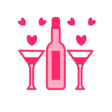 Cute vector icon for Valentine's Day. A bottle of wine with two glasses and hearts isolated on a white background. element for greeting cards, posters, stickers. Red and pink colors