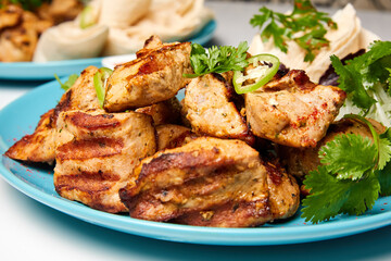 Pork shashlik or Kebab with lavash, pickled onions and red sauce