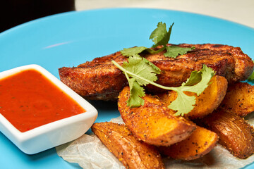 Peasant potatoes with spices and parsley on a blue plate. Idaho potatoes. Close-up, selective focus