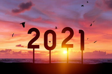 2021 new year concept with birds flying on sunset sky background at tropical beach.