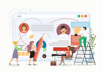 Project management concept vector illustration. Business team working together with project data dashboard in the office