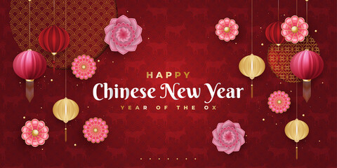 Happy Chinese new year 2021 year of the ox. Lunar new year greeting banner decorated with hanging lanterns, flowers, and ox pattern on red background