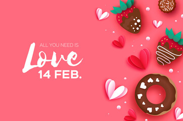 Love Strawberry and Chocolate, Donut. Valentines Day Greeting Card. Hearts paper cut style. Sweet dessert, choco candy. Happy Romantic holidays. Space for text. February 14. Pink.