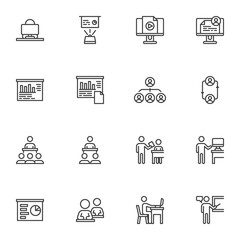 Management and business training line icons set, outline vector symbol collection, linear style pictogram pack. Signs, logo illustration. Set includes icons as business presentation, human resource