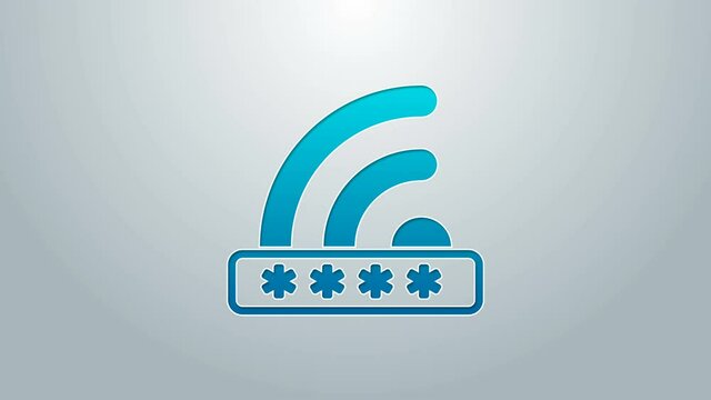 Blue line Wifi locked sign icon isolated on grey background. Password wi-fi symbol. Wireless Network icon. Wifi zone. Limited access. 4K Video motion graphic animation