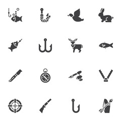 Hunting and fishing vector icons set, modern solid symbol collection, filled style pictogram pack. Signs, logo illustration. Set includes icons as fishing rod, rifle, compass, animals trap, deer