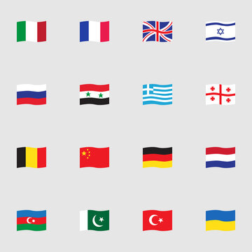 Flags collection, flat icons set, Colorful symbols pack contains - israel, greece, turkey russia, china, azerbaijan, ukraine, pakistan, italy, france Vector illustration Flat style design
