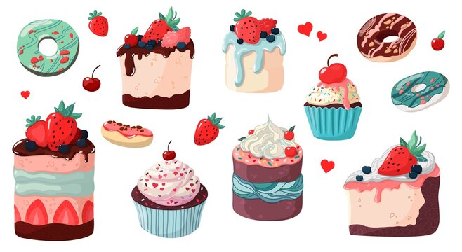 A set of items with sweet pastries. Lots of delicate delicious desserts. Vector illustration isolated on white background.Sweets and donuts with chocolate, berries and colored sprinkles