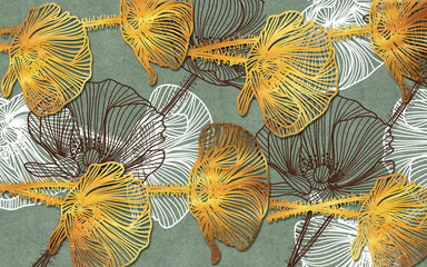 Fototapety  ilustracja 3d, kontury abstrakcyjnych złotych, białych i brązowych liści na zielonym tle tkaniny