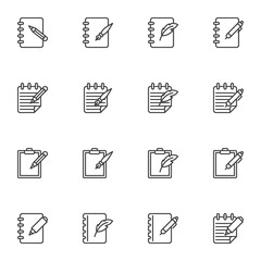 Document edit line icons set, outline vector symbol collection, linear style pictogram pack. Signs, logo illustration. Set includes icons as notepad paper, clipboard and pen, writing document
