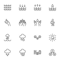 Water related line icons set, outline vector symbol collection, linear style pictogram pack. Signs, logo illustration. Set includes icons as raindrop, washing hands, h2o chemical formula, cloud rain