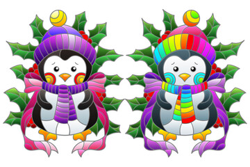 Set of illustrations with stained glass elements, toy  penguins and Holly branches, isolated on a white background
