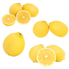 Group of  yellow lemons citrus fruit whole and  half isolated on white background .