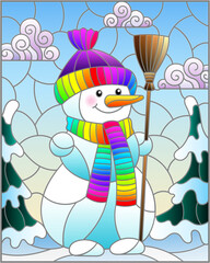 An illustration in the style of a stained glass window on the theme of winter holidays, a cheerful cartoon snowman in a hat and scarf, against the background of a winter morning landscape
