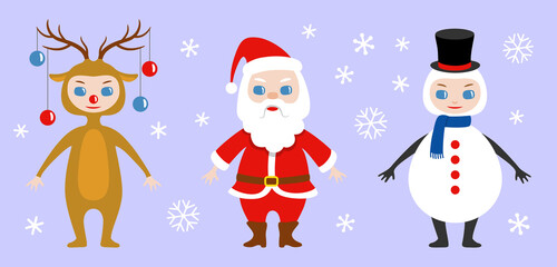 Set of chibi style Christmas characters. Santa Claus, snowman and deer with Christmas decoration. Vector illustration