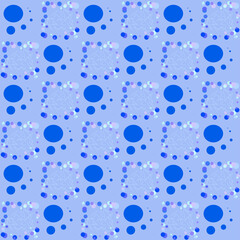 Seamless blue geometric pattern of small, large circles and bubbles. Blue cell background with light, dark abstract