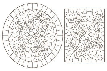 Set of contour illustrations in stained glass style with abstract butterflies, dark outlines on a white background