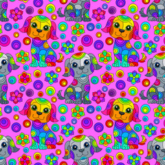Obraz premium Seamless pattern with bright cartoon dogs and flowers in stained glass style on a pink background
