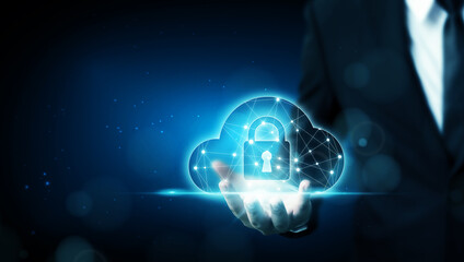 Cloud computing and technology network connection concept. Businessman hand holding cloud server protect data device